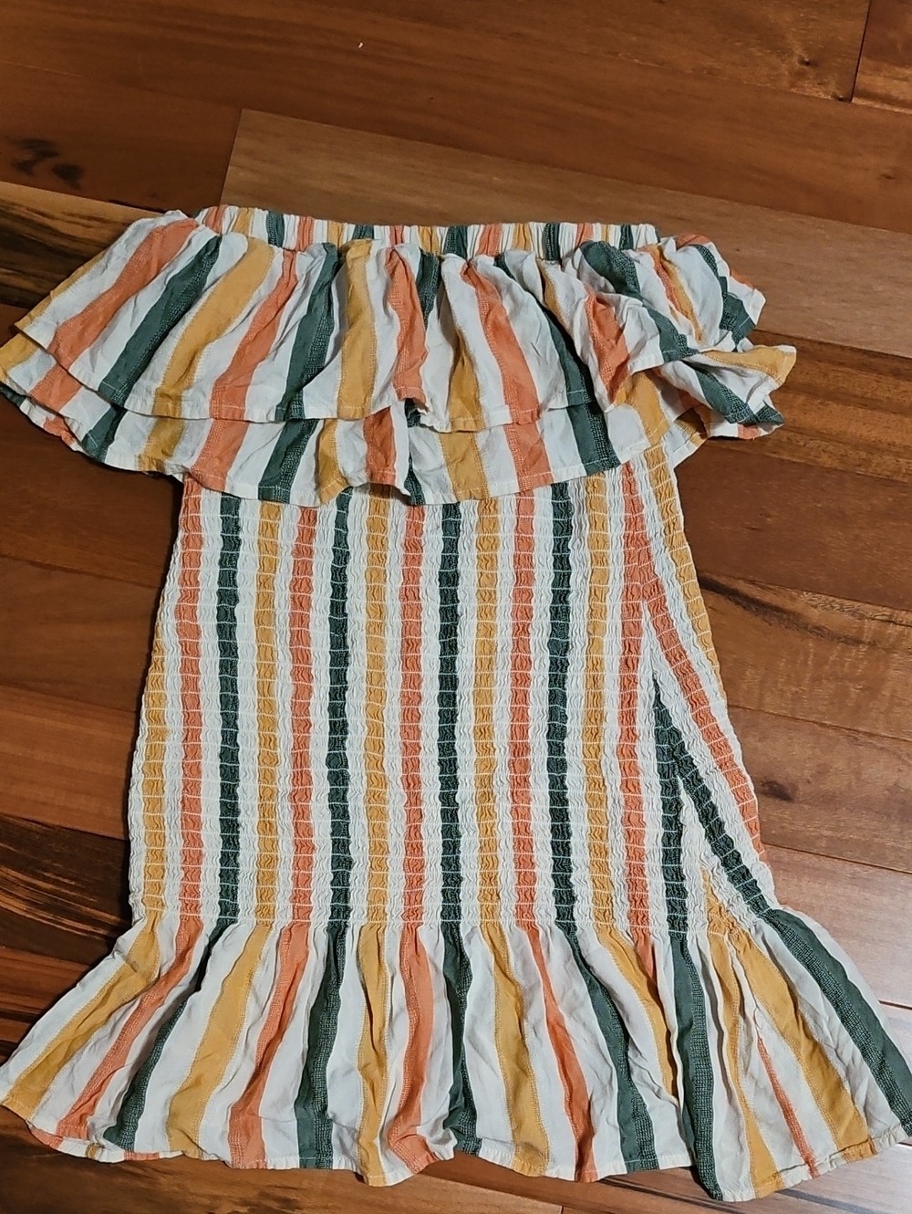 Anthropologie Striped Off-Shoulder Top in Green, Orange, Yellow, Cream- Xs